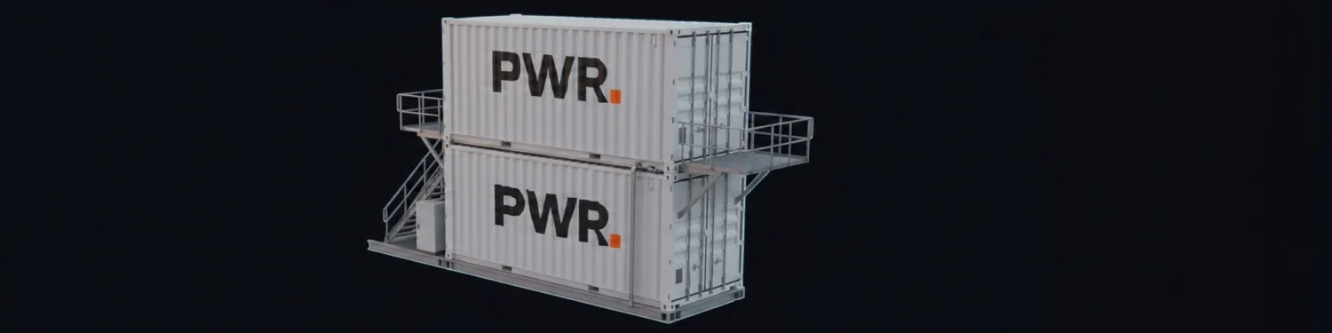 Render of two PWR treatment modules stacked and locked together with an access stair and catwalk